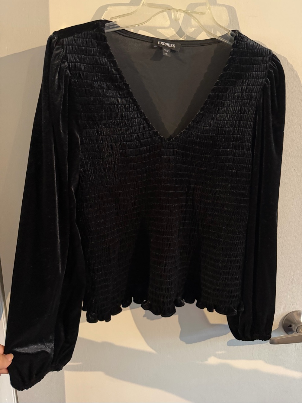 Express Black Velvet V-Neck Smocked Blouse